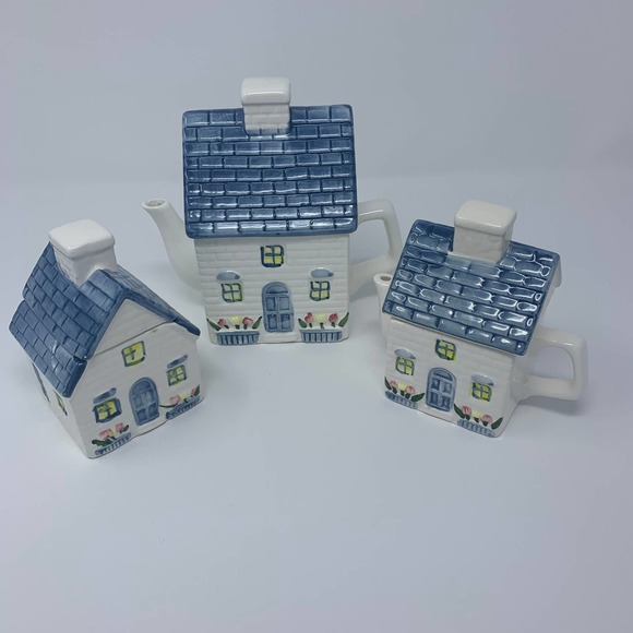 Vintage Ceramic House Teapot Set 90's Home Flower Taiwan Pot, Creamer, Sugar - Picture 1 of 12
